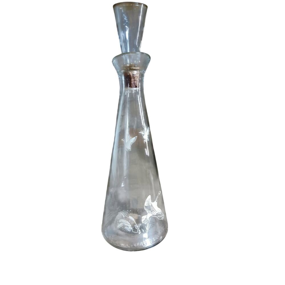 Vintage Glass Decanter Beaker Bottle Ducks Geese Design MCM
